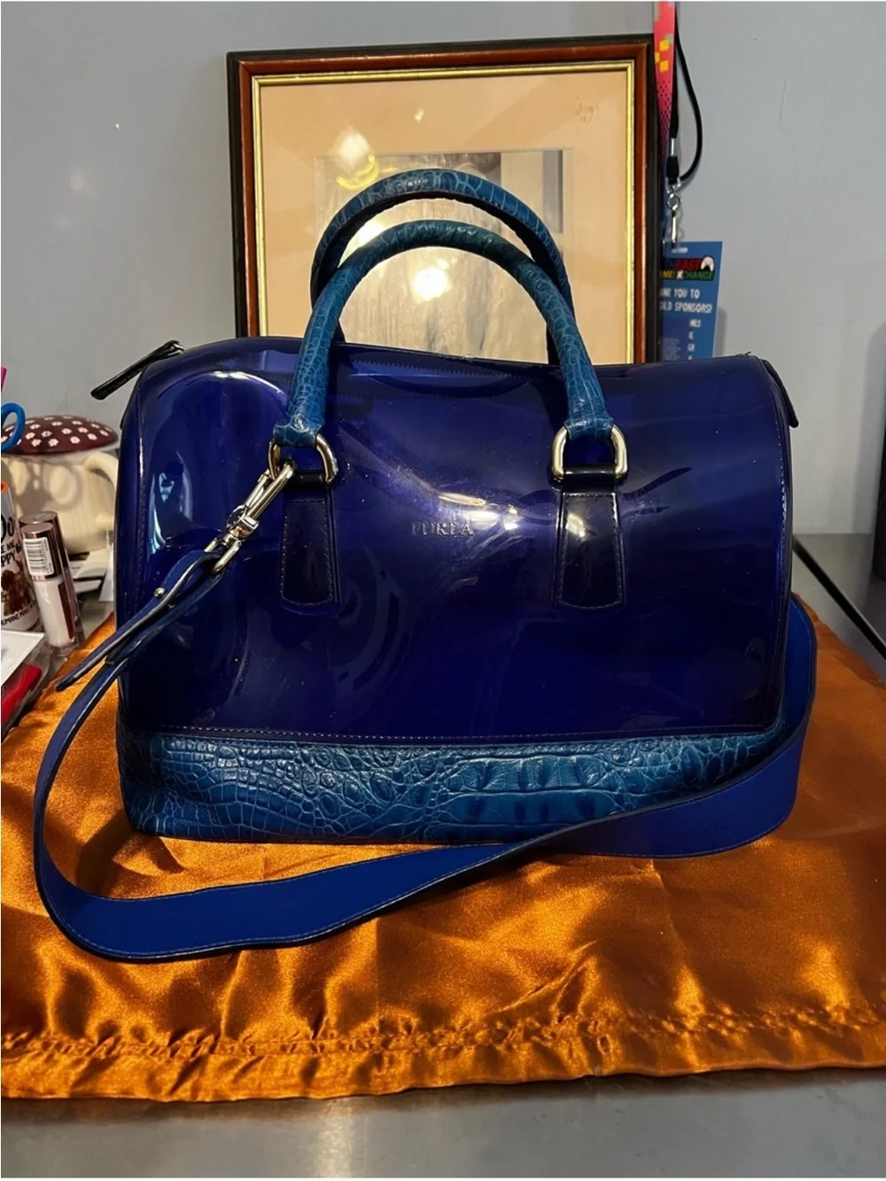 Furla Patent Dome Satchel in Deep Blue with Teal Trim